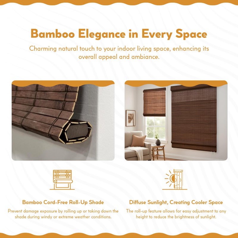 Radiance Cordless Bamboo Roman Shades for Windows - Flatstick Bamboo Blinds for Semi-Private Light Control - Easy to Lift & Fold Up Window Shades - Cocoa - 23 in. W x 64 in. L - (2216300E) - Image 3